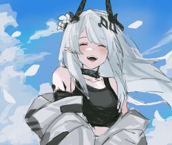 Rule 34 | 1girl, arknights, black collar, black tank top, blue sky, blush, closed eyes, cloud, collar, commentary, demon girl, demon horns, english commentary, facing viewer, grey hair, grey jumpsuit, highres, horns, infection monitor (arknights), jumpsuit, long hair, material growth, mudrock (arknights), mudrock (elite ii) (arknights), open jumpsuit, open mouth, oripathy lesion (arknights), outdoors, pointy ears, sketch, sky, smile, solo, tank top, teeth, upper body, upper teeth only, yazu (zoddiacz)