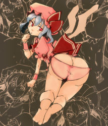 Rule 34 | 1girl, ass, barefoot, blue hair, female focus, full body, hat, panties, partially colored, red eyes, remilia scarlet, solo, touhou, underwear