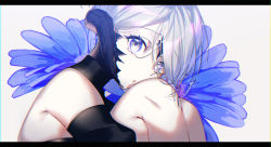 Rule 34 | 1girl, au ra, bare shoulders, blue flower, chromatic aberration, detached sleeves, eyelashes, facial mark, final fantasy, final fantasy xiv, floral background, flower, forehead mark, from side, grey hair, hair over one eye, halterneck, head rest, highres, horns, hugging own legs, knees up, letterboxed, looking at viewer, looking to the side, motsuni (lxxe1120), portrait, puckered lips, purple eyes, scales, simple background, sitting, solo, warrior of light (ff14), white background