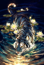 Rule 34 | animal, closed mouth, commentary, english commentary, flower, highres, lily pad, looking at viewer, lotus, no humans, orange eyes, original, ripples, tiger, water, watermark, web address, white flower, white tiger, yuumei