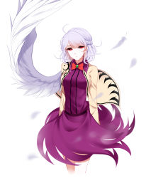 Rule 34 | 1girl, absurdres, ahoge, arms at sides, bad id, bad pixiv id, bow, bowtie, braid, breasts, brooch, cowboy shot, dress, expressionless, feathered wings, half updo, highres, jacket, jewelry, kishin sagume, long sleeves, looking at viewer, medium breasts, open clothes, open jacket, purple dress, red bow, red bowtie, red eyes, sheya, short hair, silver hair, single wing, solo, touhou, white wings, wings