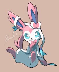 animal_focus blue_eyes bow bright_pupils closed_mouth creatures_(company) full_body game_freak gen_6_pokemon highres looking_up nintendo no_humans pokemon pokemon_(creature) ribbon shual3734 simple_background smile sylveon white_pupils