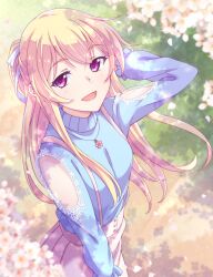 Rule 34 | 1girl, arm behind head, arm up, bang dream!, blonde hair, blue sweater, blurry, blurry foreground, bow, breasts, clothing cutout, day, e20, floating hair, flower, hair bow, highres, long hair, looking at viewer, outdoors, petals, pleated skirt, ponytail, purple eyes, shirasagi chisato, shoulder cutout, skirt, small breasts, solo, sweater, turtleneck, turtleneck sweater, very long hair, white bow, white flower, white skirt