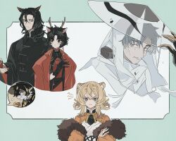 Rule 34 | 2girls, 3boys, animal ear fluff, animal ears, antlers, arknights, beard, black hair, blue border, border, character request, check character, chinese clothes, closed mouth, cup, deer ears, dragon boy, du yaoye (arknights), facial hair, grey eyes, grey hair, hair rings, harold (arknights), hat, highres, holding, holding cup, horns, jewelry, lee (arknights), liang xun (arknights), looking to the side, multiple boys, multiple girls, mustache, necklace, ning ciqiu (arknights), old, old man, pencil mustache, rice hat, short hair, sirakaro, sparse stubble, speech bubble, spoken character, tassel, tiger girl, wrinkled skin