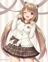 Rule 34 | 1girl, :d, animal ear fluff, animal ears, blush, bow, breasts, brown bow, brown eyes, brown hair, brown sailor collar, brown skirt, cat ears, cowboy shot, dress, fang, hands up, jacket, leaning to the side, long sleeves, looking at viewer, low twintails, maid headdress, medium breasts, miniskirt, one eye closed, open mouth, original, pink eyes, pleated skirt, sailor collar, sailor dress, sasaame, skin fang, skirt, sleeves past wrists, smile, solo, striped, striped background, torte (sasaame), twintails, twitter username, white jacket