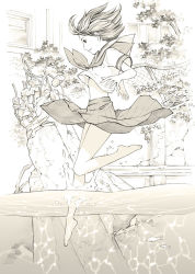 Rule 34 | 1girl, barefoot, monochrome, original, school uniform, short hair, sketch, solo, traditional media, yoshitomi akihito