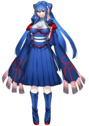 Rule 34 | 1girl, black sclera, blue dress, blue footwear, blue hair, blue headwear, boots, breasts, colored sclera, covered collarbone, creatures (company), cross-laced footwear, dress, full body, furrowed brow, game freak, gen 3 pokemon, hair between eyes, head scarf, katagiri hachigou, kyogre, lace-up boots, legendary pokemon, legs apart, long hair, medium breasts, nintendo, personification, pokemon, simple background, sleeves past fingers, sleeves past wrists, solo, standing, talisman, very long hair, white background, yellow eyes