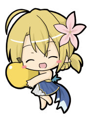 Rule 34 | 1girl, :d, ^ ^, ahoge, apple, bad id, bad pixiv id, bare arms, bare shoulders, barefoot, blonde hair, blue dress, blush stickers, braid, character request, chibi, closed eyes, commentary request, dress, emil chronicle online, flower, food, fruit, golden apple, hair between eyes, hair flower, hair ornament, low ponytail, hugging object, open mouth, pink flower, pointy ears, ri-net, short ponytail, side ponytail, simple background, smile, solo, standing, standing on one leg, strapless, strapless dress, white background