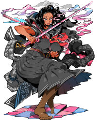 1girl black_hair black_skirt breasts brown_pantyhose cigarette dark-skinned_female dark_skin feet gun half-closed_eyes holding holding_sword holding_weapon kafun katana lips looking_at_viewer no_shoes original pantyhose rifle simple_background skirt smoke smoking smoking_barrel sniper_rifle solo sword weapon white_background