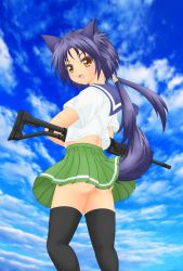 Rule 34 | 1girl, animal ears, ass, assault rifle, fang, fox ears, fox tail, galil ar (upotte!!), gun, highres, myaakaa, rifle, solo, tail, thighhighs, trifle, trifle3, upotte!!, weapon, zettai ryouiki