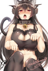 Rule 34 | 10s, 1girl, animal ear fluff, animal ears, bell, black bra, black hair, black panties, black thighhighs, blush, bra, breasts, cat cutout, cat ears, cat lingerie, cat tail, cleavage, cleavage cutout, clothing cutout, collar, dated, headgear, highres, jingle bell, kantai collection, kemonomimi mode, large breasts, long hair, looking at viewer, meme attire, nagato (kancolle), navel, neck bell, okitakung, open mouth, panties, paw pose, red eyes, side-tie panties, signature, solo, tail, thighhighs, tongue, tongue out, underwear, underwear only, very long hair