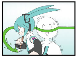 Rule 34 | 1girl, 1other, :d, ^ ^, aqua eyes, aqua hair, aqua necktie, art brush, bare shoulders, black border, black sleeves, border, closed eyes, commentary, detached sleeves, expressionless, floating hair, from side, gradient background, hair ornament, hatsune miku, headphones, hokorima, holding, holding paintbrush, issen kounen (vocaloid), long hair, master (vocaloid), motion lines, necktie, open mouth, paint on body, paintbrush, painting (action), running, shirt, shoulder tattoo, sleeveless, sleeveless shirt, smile, sweat, tattoo, trembling, twintails, very long hair, vocaloid, white shirt