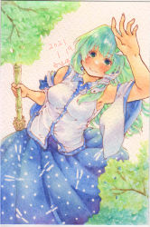 Rule 34 | 1girl, arm up, bamboo broom, blue skirt, blush, breasts, broom, closed mouth, collared shirt, dated, detached sleeves, dutch angle, frog hair ornament, green eyes, green hair, hair ornament, highres, holding, holding broom, kochiya sanae, long hair, looking at viewer, looking up, medium breasts, shin1ar24, shirt, skirt, sleeveless, sleeveless shirt, smile, snake hair ornament, solo, touhou, traditional media, watercolor pencil (medium), wide sleeves