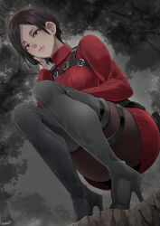 Rule 34 | 1girl, ada wong, ass, black eyes, black hair, boots, breasts, butcha-u, female focus, high heel boots, high heels, highres, legs, looking at viewer, looking down, medium breasts, night, pantyhose, resident evil, resident evil 4, resident evil 4 (remake), short hair, solo, squatting, sweater, text focus, thigh boots, tree, turtleneck, turtleneck sweater