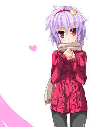 Rule 34 | 1girl, black pantyhose, blush stickers, closed mouth, dress, hairband, hands on own chest, heart, impossible clothes, komeiji satori, looking at viewer, pants, pantyhose, pink sweater, purple hair, red eyes, sakamina, scarf, short hair, solo, standing, sweater, sweater dress, tight clothes, tight pants, touhou