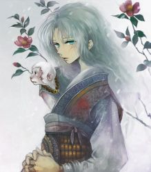 Rule 34 | 1girl, aqua eyes, bad id, bad pixiv id, camellia, chinese clothes, flower, green eyes, grey hair, hanfu, jewelry, long hair, monkey, necklace, ron (mosamosa), simple background, solo, white hair
