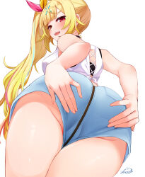 Rule 34 | 1girl, ass, back, bare shoulders, blonde hair, blue shorts, blush, breasts, festa11307070, from behind, from below, hair ornament, hair ribbon, hands on own ass, heterochromia, hoshikawa sara, hoshikawa sara (1st costume), large breasts, long hair, looking at viewer, looking back, nijisanji, open mouth, red eyes, ribbon, shirt, shorts, side ponytail, simple background, solo, thighs, virtual youtuber, white background, white shirt, x hair ornament, yellow eyes, zipper