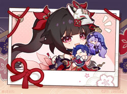 Rule 34 | bare shoulders, black swan (honkai: star rail), blue hair, blush stickers, bow, brown hair, card, chinese commentary, closed eyes, commentary request, detached sleeves, fox mask, hair bow, holding, holding card, honkai: star rail, honkai (series), long hair, looking at viewer, mask, mask on head, official art, open mouth, pink eyes, red bow, sampo koski, sidelocks, smile, sparkle (honkai: star rail), twintails, very long hair