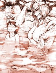 Rule 34 | 3boys, abs, blush, collarbone, commentary request, fate/grand order, fate (series), fujimaru ritsuka (male), greyscale, grin, indian style, male focus, monochrome, multiple boys, muscular, muscular male, nude, onsen, open mouth, orion (bear) (fate), partially submerged, pectorals, sakata kintoki (fate), short hair, sitting, smile, sunglasses, tanishi (tani4), teeth, towel, towel on head, water, wet