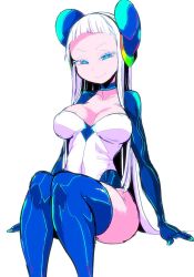 Rule 34 | 1girl, blue eyes, blunt bangs, breasts, collarbone, commentary request, electro emilia, headgear, hime cut, ken (koala), leotard, long hair, looking at viewer, medium breasts, original, simple background, sitting, skin tight, smile, solo, thighhighs, white background, white hair