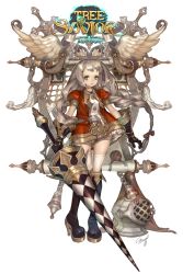 Rule 34 | 1girl, blue footwear, boots, braid, floating hair, frills, full body, gloves, green eyes, grey hair, unworn headwear, helmet, unworn helmet, holding, holding weapon, lance, logo, long hair, maggi, polearm, scroll, solo, spikes, sword, swordman (tree of savior), swordsman (tree of savior), thighhighs, tree of savior, twin braids, weapon, white background, white thighhighs, wings