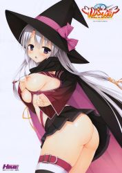 Rule 34 | 1girl, absurdres, ass, ayachi nene, belt bra, blush, bow, breasts, hair ornament, hat, hat bow, highres, image sample, jewelry, long hair, looking at viewer, medium breasts, muririn, nipples, open mouth, pendant, purple eyes, sanoba witch, silver hair, skirt, solo, very long hair, witch hat, yuzu-soft