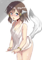 Rule 34 | 1girl, :o, animal ears, bangle, blue eyes, blush, bracelet, breasts, brown hair, cleavage, clothes lift, collarbone, cowboy shot, dress, dress lift, fox ears, fox tail, hair tubes, highres, jewelry, leaning forward, lifted by self, looking at viewer, nose blush, open mouth, original, parted lips, short dress, short hair, sidelocks, simple background, sleeveless, sleeveless dress, small breasts, solo, standing, tail, thighs, white background, white dress, wo jianqiang fu guo