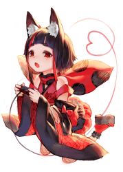 Rule 34 | 1girl, nanashi inc., animal ear fluff, animal ears, animare, bare shoulders, black footwear, black hair, blunt bangs, character name, commentary request, controller, fang, fox ears, game controller, gamepad, heart, heart of string, highres, holding, inari kuromu, izumi sai, japanese clothes, kimono, kuromu channel, long sleeves, looking at viewer, multicolored hair, name tag, obi, open mouth, platform footwear, red eyes, red socks, sash, short eyebrows, short hair, sidelocks, simple background, socks, solo, streaked hair, virtual youtuber, white background, wide sleeves