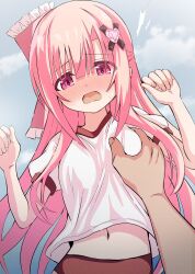 Rule 34 | 1girl, artina, bow, buruma, clenched hands, commentary request, embarrassed, grabbing, grabbing another&#039;s breast, hair bow, hair ornament, highres, long hair, looking at viewer, navel, open mouth, original, pink eyes, pink hair, pov, pov hands, sky, solo focus, sweat