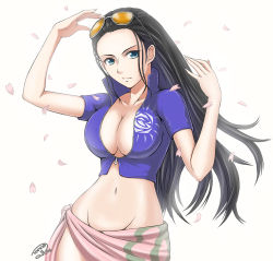 Rule 34 | 1girl, arms up, artist name, black hair, bloom, blue eyes, breasts, cleavage, collarbone, dated, eyewear on head, floral print, groin, hair slicked back, high collar, large breasts, leather vest, light smile, long hair, looking at viewer, midriff, navel, nico robin, one piece, partially unzipped, petals, short sleeves, simple background, skirt, solo, stomach, sunglasses, tonnelee, upper body, vest, white background