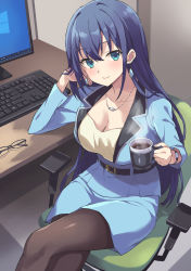 Rule 34 | 1girl, bad id, bad pixiv id, black pantyhose, blue hair, blue jacket, blue skirt, blush, breasts, business suit, cleavage, coffee cup, collarbone, commentary, computer, cup, disposable cup, earrings, engage kiss, unworn eyewear, formal, glasses, green eyes, hand on own face, highres, holding, holding cup, jacket, jewelry, keyboard (computer), large breasts, long hair, looking at viewer, monitor, necklace, pantyhose, pencil skirt, rasahan, revision, skirt, smile, solo, suit, watch, wristwatch, yuugiri ayano