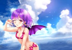 Rule 34 | 1girl, arm up, bad id, bad twitter id, bat wings, bikini, bird, blue sky, bow, breasts, cleavage, cloud, collarbone, commentary request, crescent, crescent earrings, day, earrings, flock, grin, jewelry, looking at viewer, nail polish, navel, no headwear, outdoors, pink bikini, pink bow, purple hair, red eyes, red nails, remilia scarlet, short hair, skindentation, sky, small breasts, smile, solo, star (symbol), star earrings, stomach, swimsuit, touhou, uemura shun, upper body, w, w over eye, water, wings