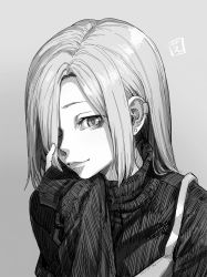 Rule 34 | 1girl, arm support, commentary, ear piercing, earrings, greyscale, hair over one eye, highres, idolmaster, idolmaster cinderella girls, jewelry, long hair, long sleeves, looking at viewer, making-of available, monochrome, aged up, piercing, shiba itsuki, shirasaka koume, signature, simple background, sleeves past wrists, solo, stud earrings, sweater, turtleneck, turtleneck sweater, upper body
