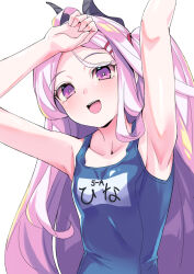 Rule 34 | 1girl, :d, ahoge, armpits, arms up, blue archive, collarbone, commentary request, demon girl, demon horns, forehead, hair ornament, hairclip, halo, higeo (hana hige), hina (blue archive), hina (swimsuit) (blue archive), horns, long hair, looking at viewer, name tag, official alternate costume, official alternate hairstyle, old school swimsuit, one side up, open mouth, parted bangs, purple eyes, school swimsuit, sidelocks, simple background, sleeveless, smile, solo, swimsuit, wavy hair, white background, white hair