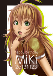Rule 34 | 1girl, ahoge, blonde hair, dated, fingers to mouth, green eyes, green nails, hair between eyes, happy birthday, highres, hoshii miki, idolmaster, idolmaster (classic), jewelry, kou (ssdd), long hair, nail polish, necklace, solo