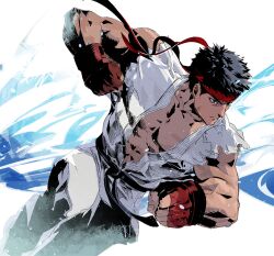 Rule 34 | 1boy, abs, belt, black belt, black hair, clenched hands, closed mouth, cofffee, dougi, fighting stance, fingerless gloves, gloves, headband, knee up, looking to the side, male focus, muscular, muscular male, pants, pectorals, red gloves, red headband, ryu (street fighter), serious, short hair, solo, street fighter, torn clothes, torn sleeves, vest, white background, white pants, white vest