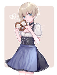 Rule 34 | 1girl, apron, blouse, blue apron, blue eyes, bodice, border, bow, choker, commentary request, cowboy shot, cross, dirndl, dress, food, german clothes, grey background, holding, iron cross, kantai collection, megane poni, one-hour drawing challenge, pinafore dress, pretzel, puffy short sleeves, puffy sleeves, shirt, short hair, short sleeves, silver hair, sleeveless dress, solo, standing, two-tone background, waist apron, waitress, white border, z1 leberecht maass (kancolle)