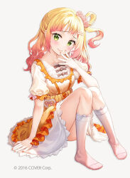 Rule 34 | 1girl, blonde hair, closed mouth, commentary request, dress, flower, frilled dress, frills, fujima takuya, full body, gradient hair, green eyes, grey background, hair flower, hair ornament, hand up, hololive, knees up, long hair, looking at viewer, momosuzu nene, multicolored hair, no shoes, official art, orange dress, pink flower, pink rose, puffy short sleeves, puffy sleeves, rose, short sleeves, simple background, sitting, smile, socks, solo, virtual youtuber, white dress, white socks