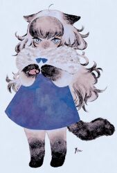 Rule 34 | 1girl, absurdres, ahoge, animal ears, barefoot, black hair, blue bow, blue bowtie, blue dress, blue eyes, body fur, bow, bowtie, brown fur, cat ears, cat girl, cat tail, dress, expressionless, fewer digits, fur scarf, furry, furry female, grey background, grey fur, grey hair, hands up, highres, long hair, looking at viewer, multicolored hair, original, pawpads, pole mura, simple background, slit pupils, solo, standing, tachi-e, tail, wavy hair, white hair