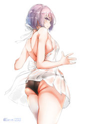 Rule 34 | 1girl, alternate costume, ass, back, bad id, bad pixiv id, bare shoulders, black panties, blush, breasts, closed mouth, dress, envel203, fate/grand order, fate (series), hair over one eye, highres, large breasts, light purple hair, looking at viewer, looking back, mash kyrielight, panties, purple eyes, see-through, short dress, short hair, simple background, solo, thighs, underwear, white background