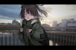 Rule 34 | 1girl, absurdres, backpack, bad id, bad twitter id, bag, black sweater, blurry, blurry background, blush, breath, brown hair, building, closed eyes, cloud, day, fur-trimmed jacket, fur trim, gishiki (gshk), green jacket, hair ribbon, highres, jacket, letterboxed, long sleeves, medium hair, open mouth, original, outdoors, ribbed sweater, ribbon, sky, solo, sweater, two side up