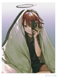 Rule 34 | 1girl, a4-kalajiao, arknights, black jacket, black shorts, blanket, brown eyes, brown hair, camera, closed mouth, commentary request, exusiai (arknights), halo, hand up, highres, holding, holding camera, jacket, looking at viewer, short shorts, short sleeves, shorts, smile, solo