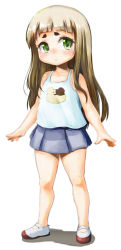 Rule 34 | 1girl, absurdres, banubeefriends, brown hair, camisole, child, collarbone, expressionless, green eyes, highres, long hair, looking at viewer, mary janes, no socks, original, shoes, skirt, solo, standing, white background