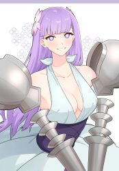 Rule 34 | 1girl, absurdres, amputee, armor, bare shoulders, breasts, cleavage, collarbone, commission, commissioner upload, double amputee, dress, floating, flower, grin, hair flower, hair ornament, highres, hime cut, levitation, light blush, long hair, looking at viewer, magic, medium breasts, non-web source, pauldrons, purple hair, purple sash, ragna crimson, sash, shoulder armor, simple background, skeb commission, smile, solo, starlia lese, suika aji, teeth, textless version, upper teeth only, variant set, white dress