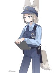 Rule 34 | 1girl, animal ear fluff, animal ears, blue hat, blue pants, blue shirt, blue vest, brown hair, closed mouth, collared shirt, dress shirt, grey eyes, hat, highres, koyansuee, long hair, looking away, original, pants, parted bangs, police, police uniform, policewoman, shirt, simple background, solo, standing, tail, twitter username, uniform, vest, visor cap, white background