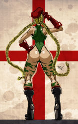 Rule 34 | 1girl, ass, backboob, beret, blonde hair, boots, braid, breasts, cammy white, camouflage, combat boots, elbow gloves, from behind, full body, gloves, hat, kuro (spicyarts), large breasts, leotard, long legs, narrow waist, socks, solo, standing, street fighter, thick thighs, thighs, thong leotard, twin braids