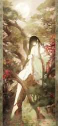 Rule 34 | 1girl, absurdres, barefoot, black hair, bug, butterfly, faux traditional media, highres, hime cut, insect, long hair, looking at viewer, nail polish, original, petals, red nails, satsuki kei, scenery, solo, very long hair
