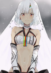 Rule 34 | 10s, 1girl, altera (fate), alternate hair length, alternate hairstyle, bandeau, bare shoulders, breasts, brown eyes, closed mouth, collarbone, dark-skinned female, dark skin, detached sleeves, fate/extella, fate/extra, fate (series), highres, light smile, looking at viewer, navel, nesume, short hair, small breasts, smile, solo, sparkle, upper body, veil, white hair