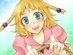 Rule 34 | 1girl, :d, apron, bandaid, bandaid on hand, basket, blonde hair, blue eyes, braid, harvest moon, harvest moon animal parade, harvest moon tree of tranquility, holding, looking at viewer, lowres, mai (bokujou monogatari), open mouth, portrait, smile, solo, twin braids, upper body