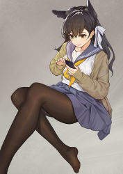 Rule 34 | 1girl, animal ears, atago (azur lane), azur lane, black hair, black pantyhose, blue sailor collar, blue skirt, brown eyes, brown jacket, catsmoon, cellphone, commentary request, crossed legs, feet out of frame, grey background, hair between eyes, hair ribbon, highres, holding, holding phone, invisible chair, jacket, long hair, miniskirt, neckerchief, no shoes, open clothes, open jacket, pantyhose, partial commentary, phone, ribbon, sailor collar, school uniform, serafuku, shirt, simple background, sitting, skirt, smartphone, smile, solo, thighs, white ribbon, white shirt, yellow neckerchief